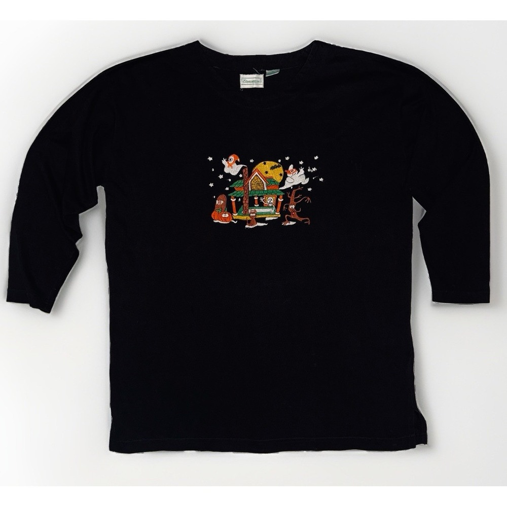 Vtg Shenanigans Embroidered Haunted House Halloween Spook Ghost Black Shirt M L